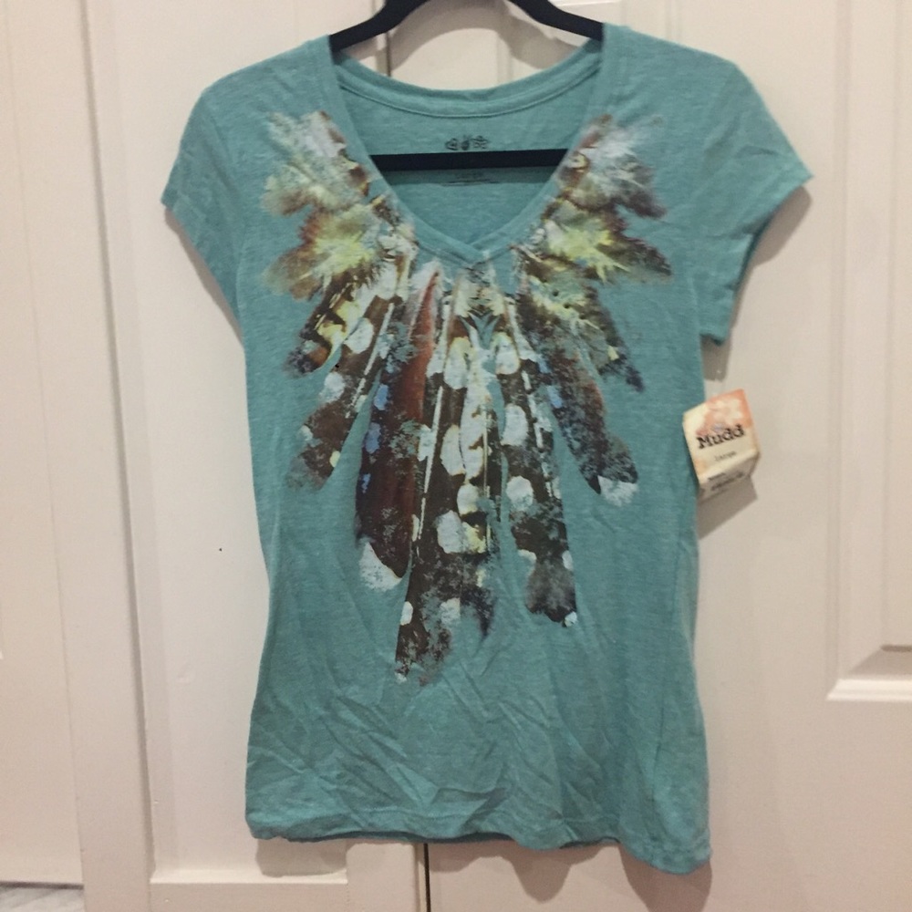 Mudd juniors feather graphic v neck t shirt